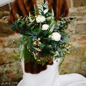 Winter Wedding Bouquet greenery and white flowers The Cow Shed Crail